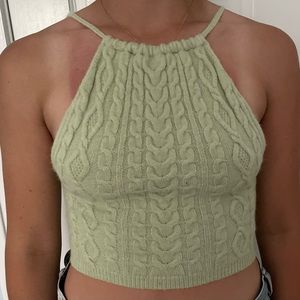 Mint green sweater material halter open back top